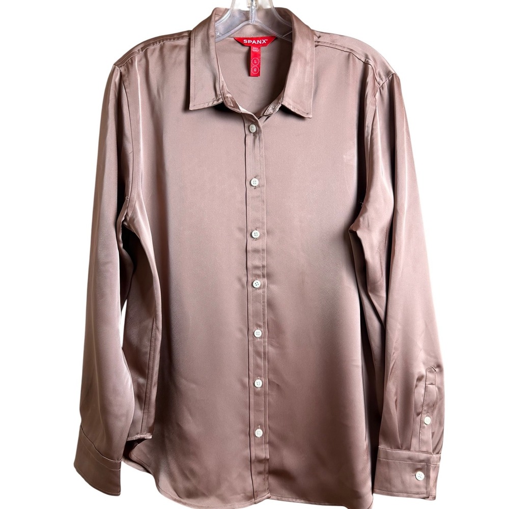 SPANX Better Than Silk Button Down Shirt Cafe Au Lait Brown Womens L